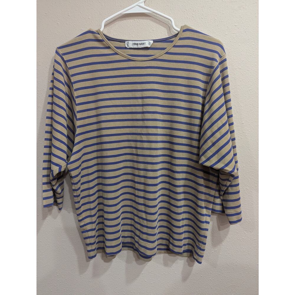 Vintage Esprit purple and tan Bretton striped 3/4 length sleeve crew neck top, M